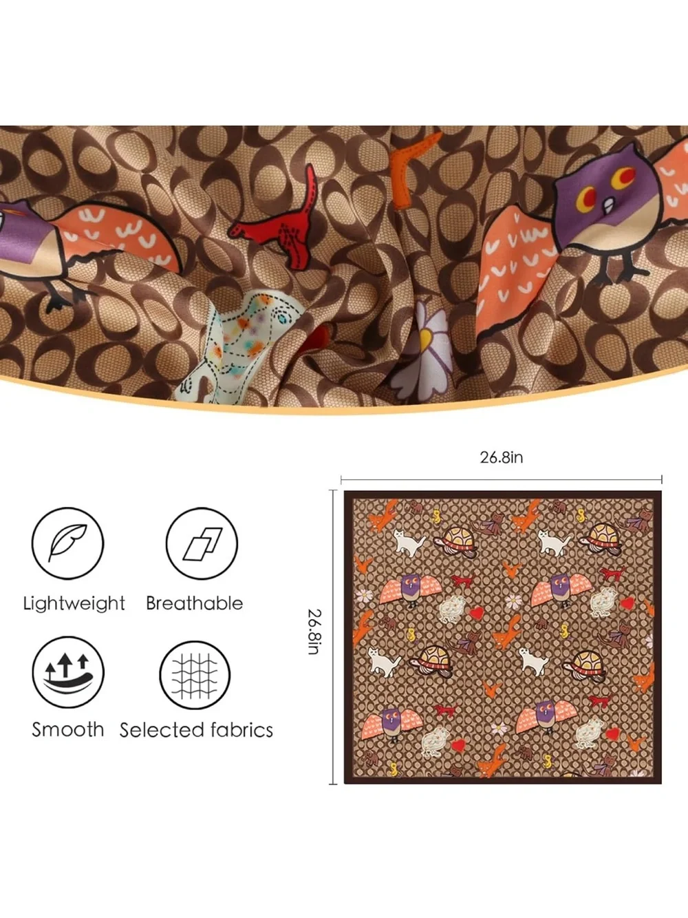 Designer Brown Patterned Silk Scarf with Multicolor Accents nwt 27” x 27”